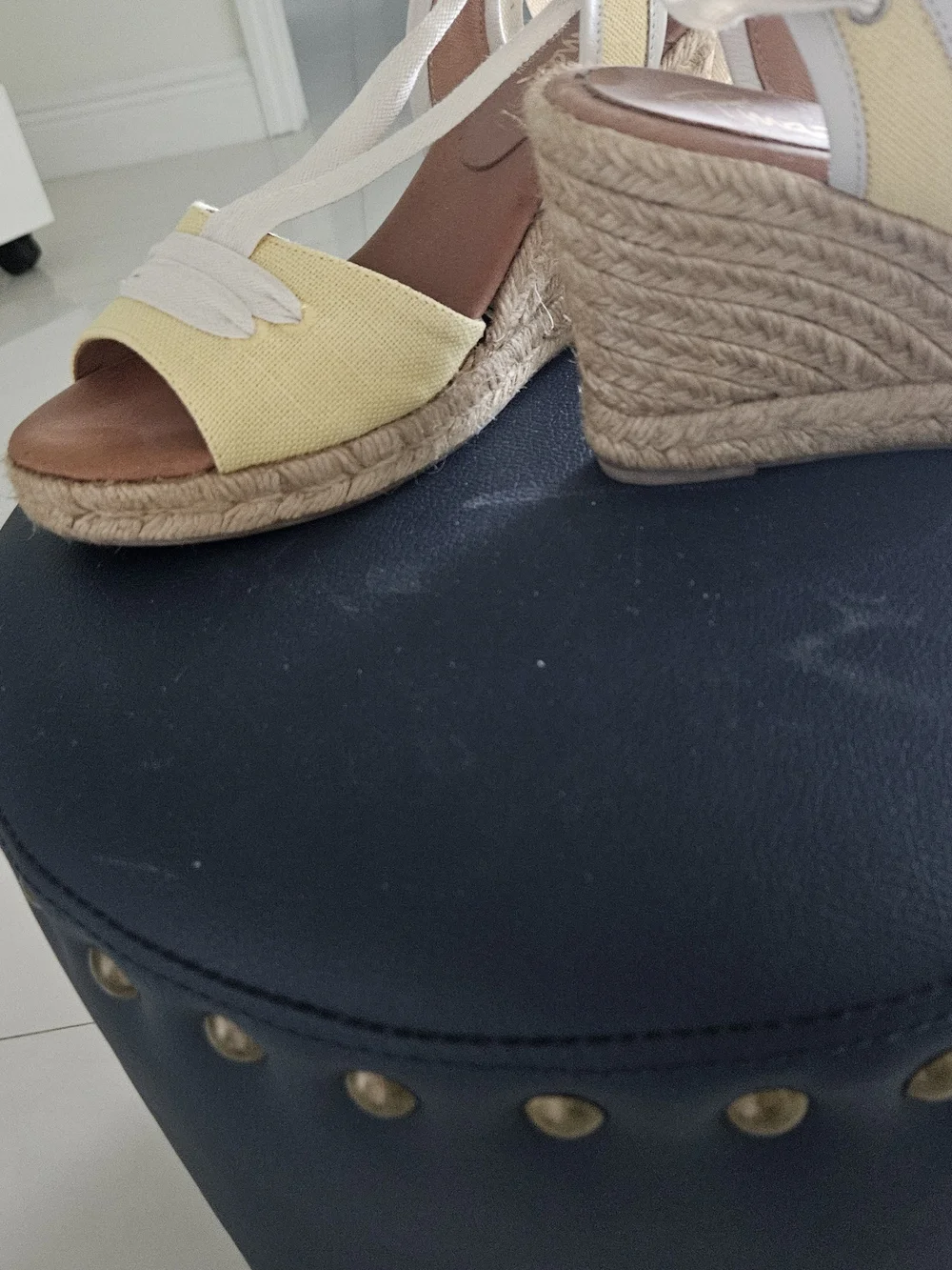 Ina Yellow Espadrille Wedge Sandals with Ivory Ankle Ties, Made In Spain, Size 8